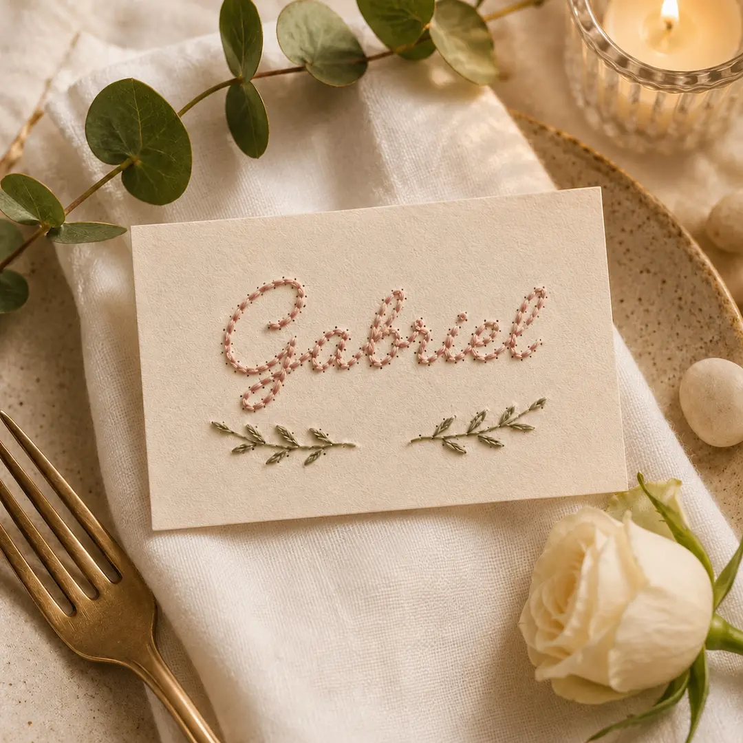 Cartão de lugar bordado para casamento