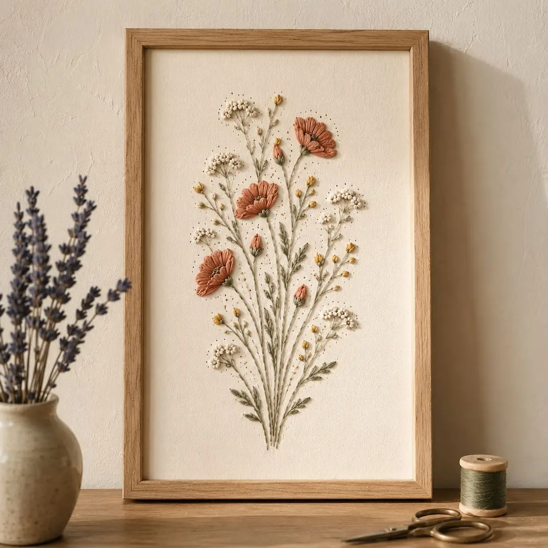 Arranjo floral bordado emoldurado