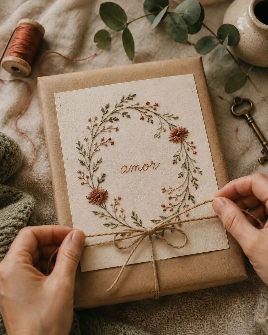 Presente artesanal com bordado floral e a palavra amor