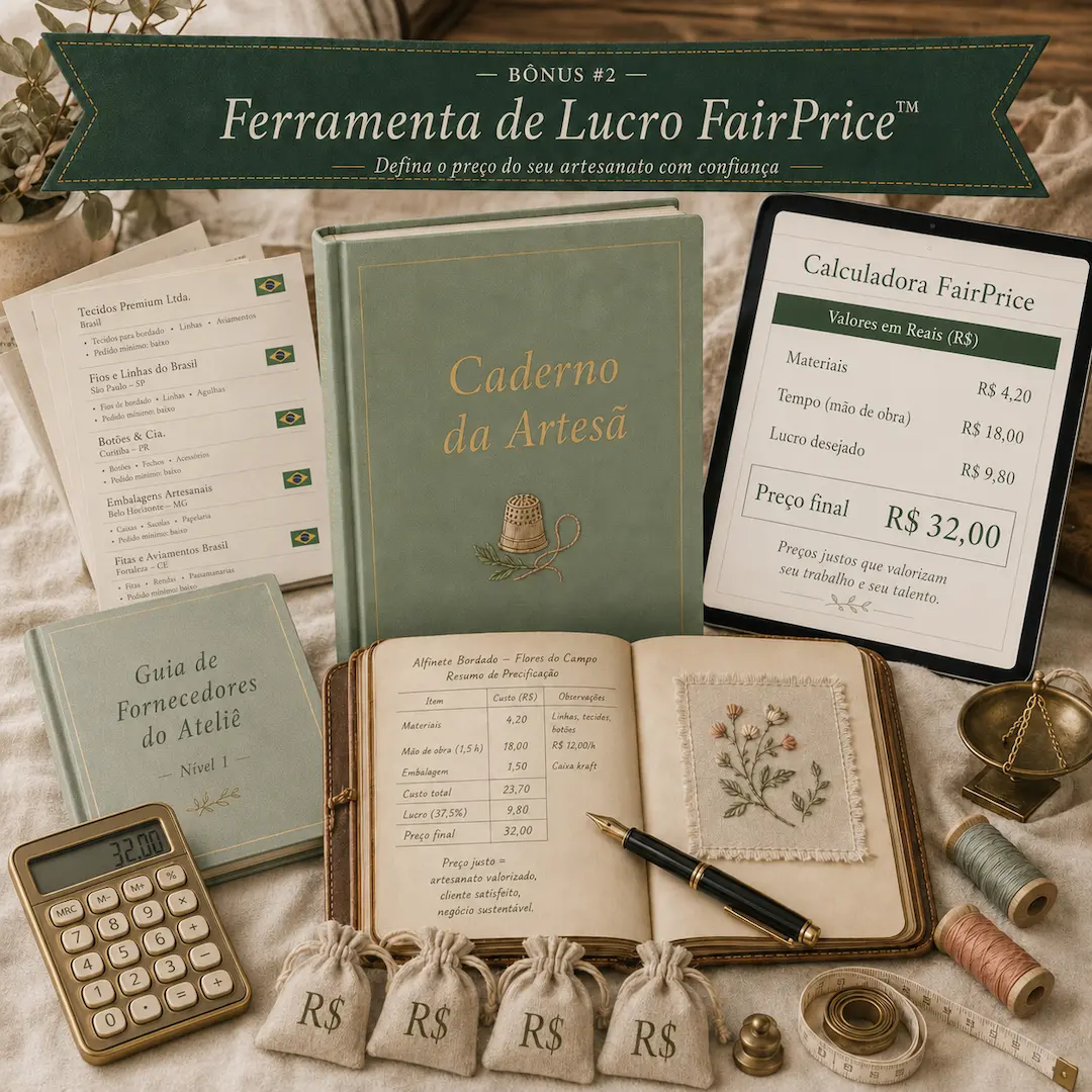 Ferramenta de Lucro FairPrice com calculadora, caderno e tabela de preços em reais